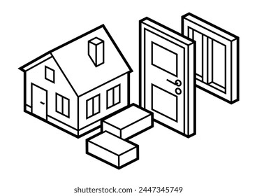 Image of cottage and repair. Real estate illustration in isometry style.