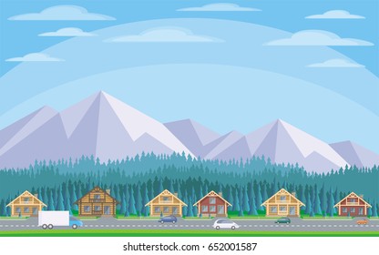 The image of the cottage settlement against the background of the coniferous forest and mountains. Beautiful summer landscape. Vector background.