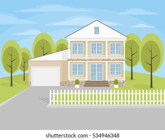 The image of a country cottage on the background of summer landscape.