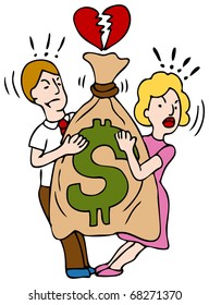 An Image Of A Couple Fighting Over A Bag Of Money.