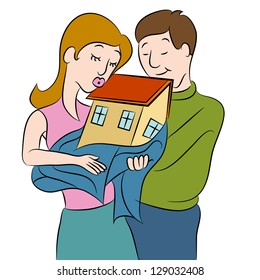 Imagen de una pareja sosteniendo su nuevo hogar.