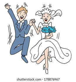 Imagen de una pareja dando un salto al matrimonio.