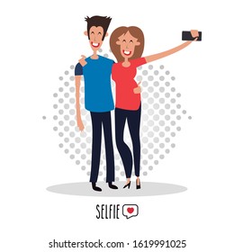 Image of a couple taking a selfie. Funny drawing of two people posing for a photograph.