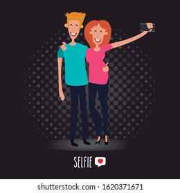 Image of a couple taking a selfie. Funny drawing of two people posing for a photograph.