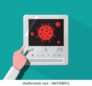 Image of covid-19 by pressing the door open button on the door. Modern video entrance phone. Encounter with Covid-19. Awareness raising message. Healthcare, hospital. Modern vector.