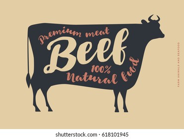 Image with cow silhouette. Typographic hand-draw. Farm animals with sample text.