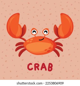 An image of a crab in cartoon style on a pink background. Children's education