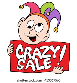 An image of a crazy sale sign with jester.