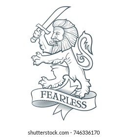 Image of the creation with a human head and the body of a lion. Attacking lion with a sword in his hand. Highly detailed illustration.