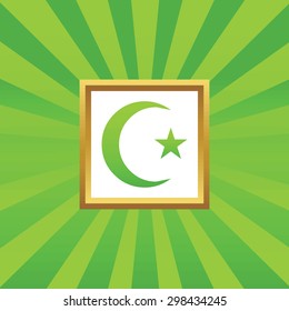 Image of crescent moon and one star in golden frame, on green abstract background