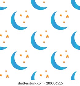 Image of crescent moon and stars, repeated on white background