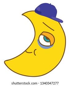 An image of a crescent moon wearing a cap and looking sleep deprived vector color drawing or illustration