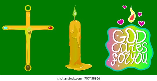 An image of a cross and a burning candle with the words "God cares for you".