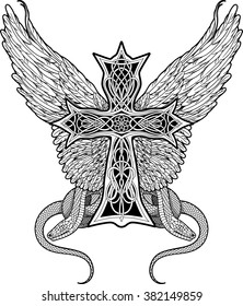 image of cross in celtic style with big wings and two snakes