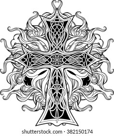 image of cross in celtic style with ribbons of fire