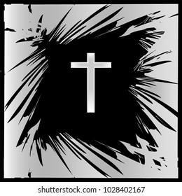 The image of a cross in the middle of a mirror or cracked wall.