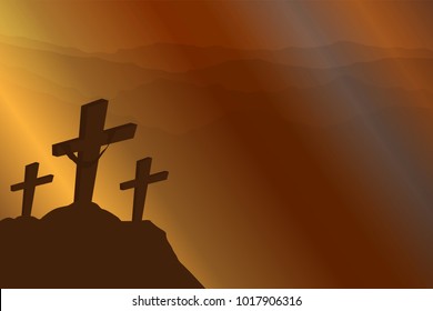 The image of the cross, which symbolizes the death of Jesus Christ for the redemption of humanity. It consists of crosses, mountains and the sky at sunset. The media is sad but full of energy.