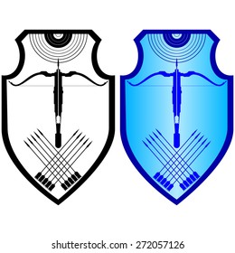 Image crossbow with arrows on the board. Illustration on white background.