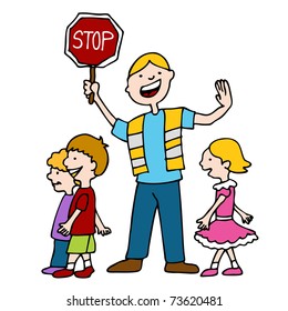 An Image Of A Crossing Guard With Children.