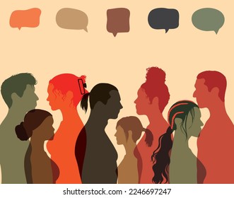 Una imagen de una multitud hablando y un discurso burbuja. Varias personas están hablando. Ilustración vectorial. La gente se comunica entre sí. 