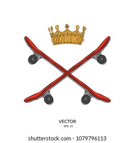 An image of the crown and skateboards. Can be used for printing on T-shirts, flyers, etc. Vector illustration