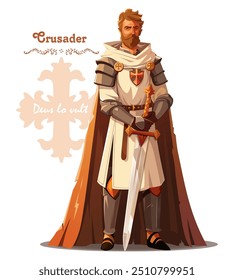 Image of a crusader with a sword, in armor and a cloak. The Crusaders' motto in Latin is - Deus lo vult (God wills it). Vector illustration