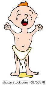 Ein Bild eines weinenden Babys mit einem nassen, tropfenden Taucher.