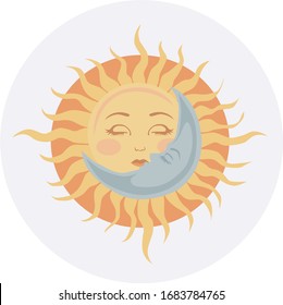 
image of cuddling sun and moon in vintage style on a round blue background.
stock isolated illustration on white background for printing on postcards, websites, shop advertising in cartoon style