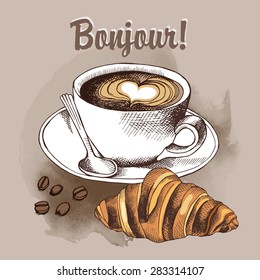 Image a cup of coffee and bakery product croissant. Vector illustration.