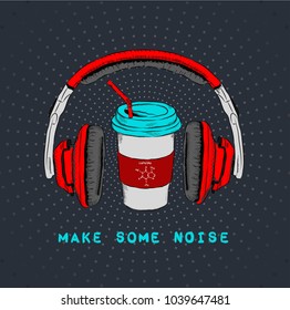 The image of a cup of coffee and headphones . Vector illustration.