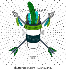 image of a cup of coffee on a background of arrows and feathers. Vector illustration