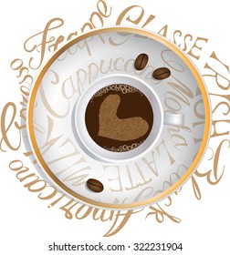 the image of a Cup of coffee with text on the saucer
