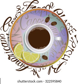 the image of a Cup of coffee with text on the saucer