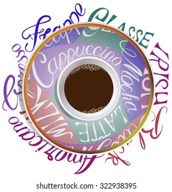 the image of a Cup of coffee with text on the saucer