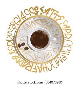 the image of a Cup of coffee with text on the saucer