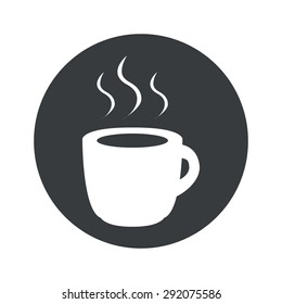 Image of cup with hot drink in black circle, isolated on white