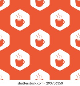 Image of cup with hot drink in white hexagon, repeated on orange background