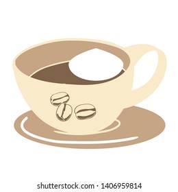 Image of a cup of morning coffee with cream, brightly lit by the sun, part of the service for coffee, vector illustration, for cafes and restaurants