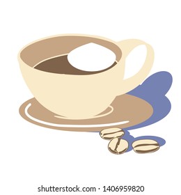 Image of a cup of morning coffee with cream, brightly lit by the sun, part of the service for coffee, vector illustration, for cafes and restaurants