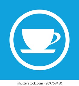 Image of cup on saucer in circle, isolated on blue