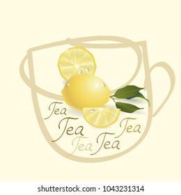 image of a cup with slices and whole lemon on a beige background 