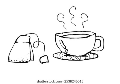 image of a cup of tea, black outline on a white background, vector