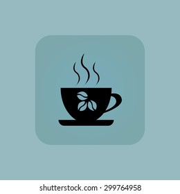 Image of cup with three coffee beans in square, on pale blue background