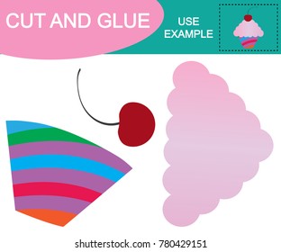 Image of cupcake with cherry. Cut and glue. Educational game for children.