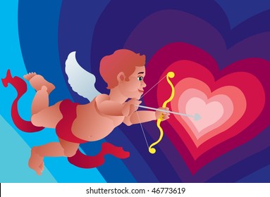 An image of cupid flying and aiming an arrow through a heart