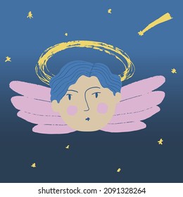 Image of a cute angel against the background of the night sky. A falling star grants wishes. The halo glows overhead.