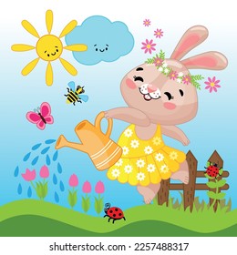 Image of a cute bunny ballerina watering flowers and dancing