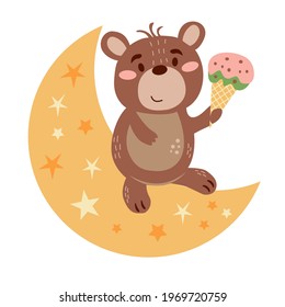 Image with cute cartoon bear with ice cream on the moon. Vector graphics on a white background. For the design of posters, postcards, notebook covers, childrens illustrations, prints for mugs.