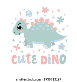 Image of a cute cartoon dinosaur with the inscription - cute dino, in vector graphics, on a white background. For the design of postcards, posters, prints for t-shirts, mugs, notebook covers.