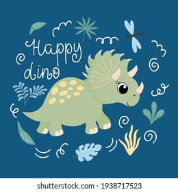 Image of a cute cartoon dinosaur with the inscription - happy dino, in vector graphics, on a blue background. For the design of postcards, posters, prints for t-shirts, mugs, notebook covers.